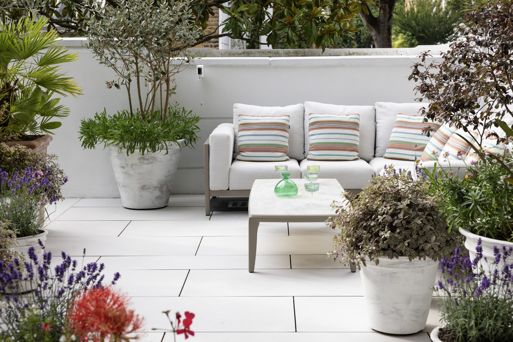 London Roof garden with outdoor sofa, coffee table, whitewashed pots and colourful Mediterranean plants.