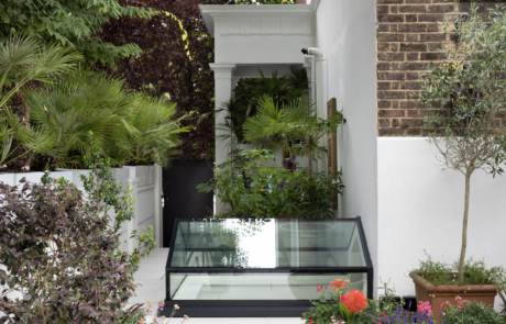 London city garden at side of house with bright colourful plants in whitewashed terracotta pots.